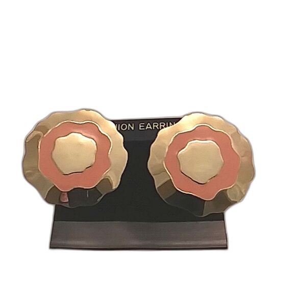 Coral Cloissonne Style Gold Tone Earrings - Picture 1 of 4